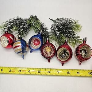 6 Vintage Poland Christmas Tree Teardrop Single Indent Ornaments Mica Glitter